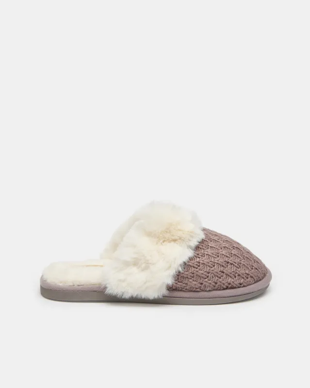 Women Brown Chenille Fur Trim Closed Toe Slipper sold by Redtag