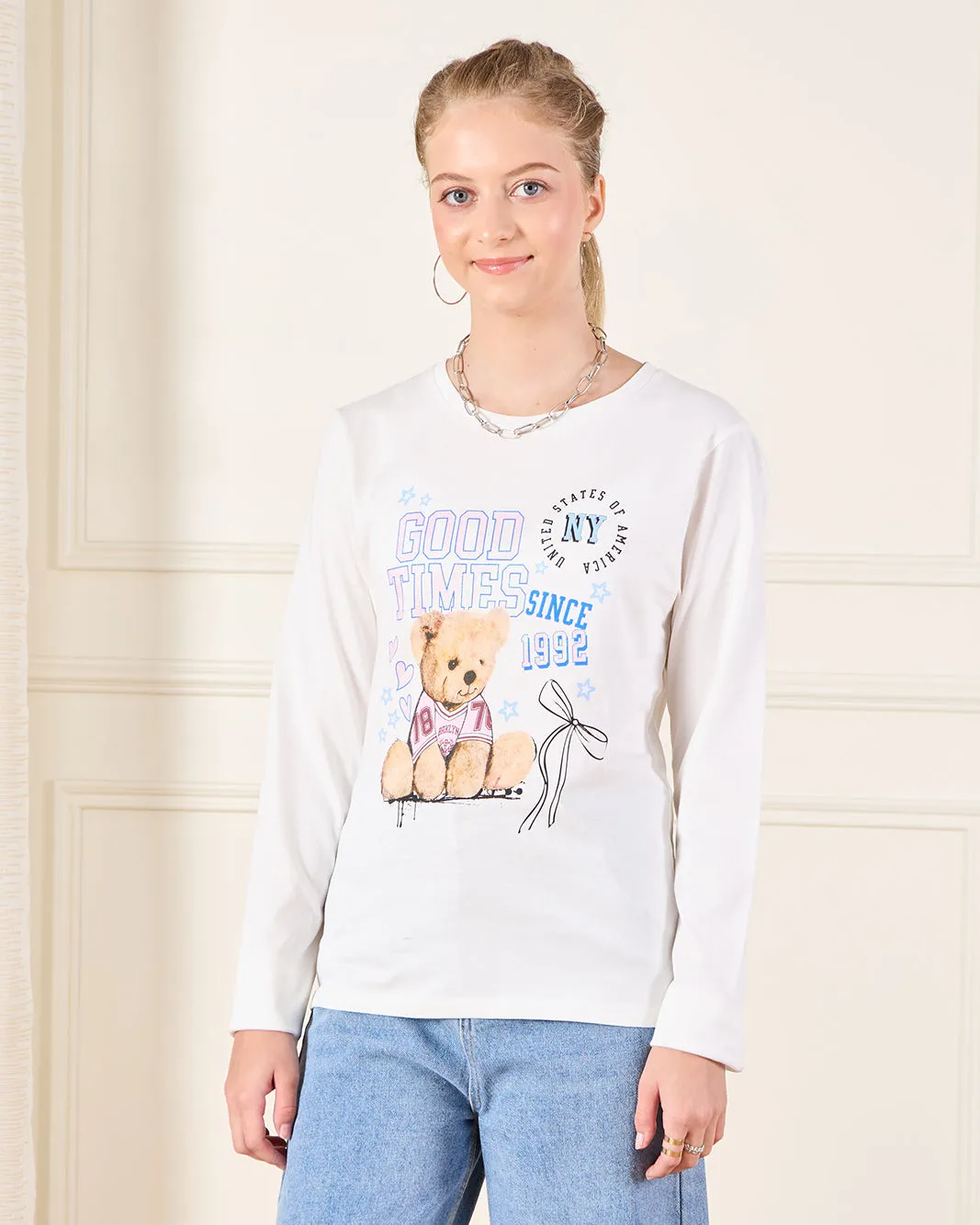 Senior Girls White Printed T-Shirt sold by Redtag