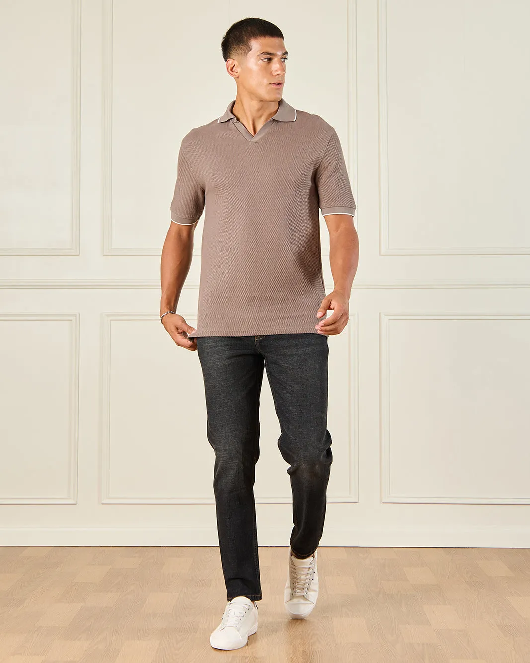 Men Brown Jacquard Polo Shirt sold by Redtag product image thumbnail 2