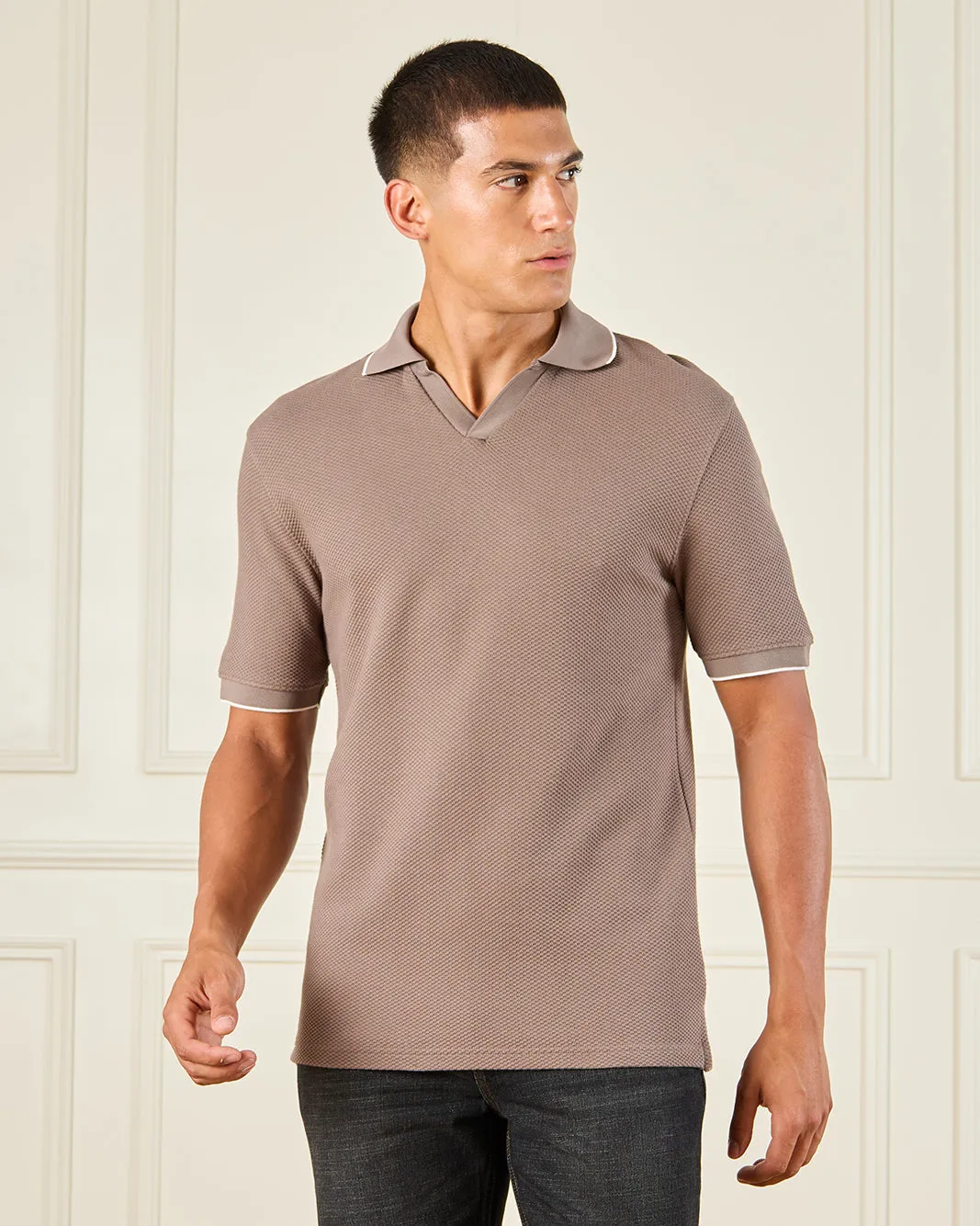 Men Brown Jacquard Polo Shirt sold by Redtag