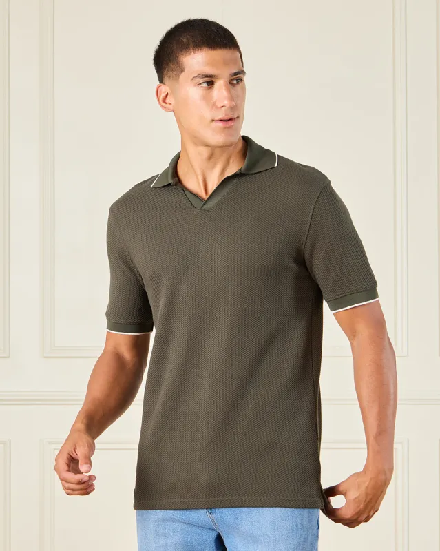 Men Olive Jacquard Polo Shirt sold by Redtag