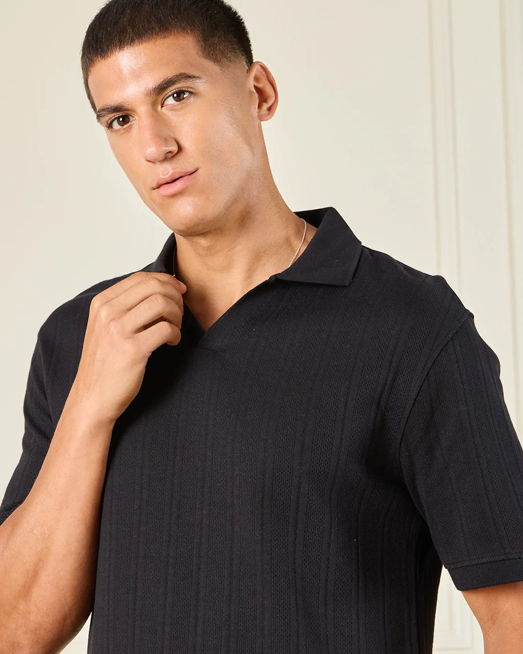 Men Black Jacquard Polo Shirt sold by Redtag product image thumbnail 4