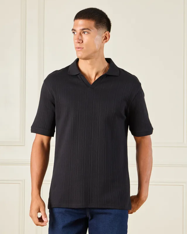 Men Black Jacquard Polo Shirt sold by Redtag
