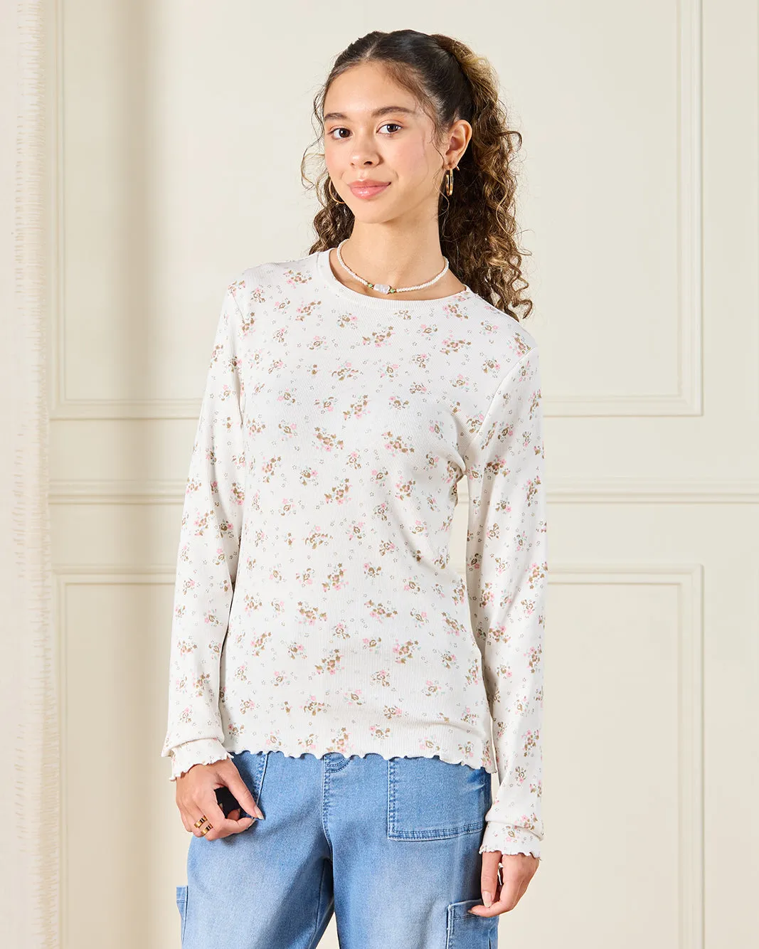 Senior Girls Beige Floral Print T-Shirt sold by Redtag