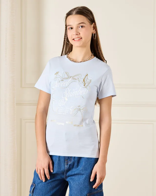 Senior Girls Blue Printed T-shirt sold by Redtag