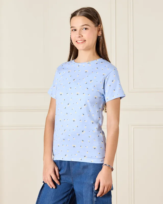 Senior Girls Blue Printed T-shirt sold by Redtag