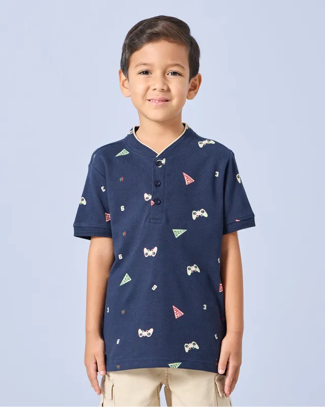 Boys Navy Allover Mandarin Collar Polo sold by Redtag