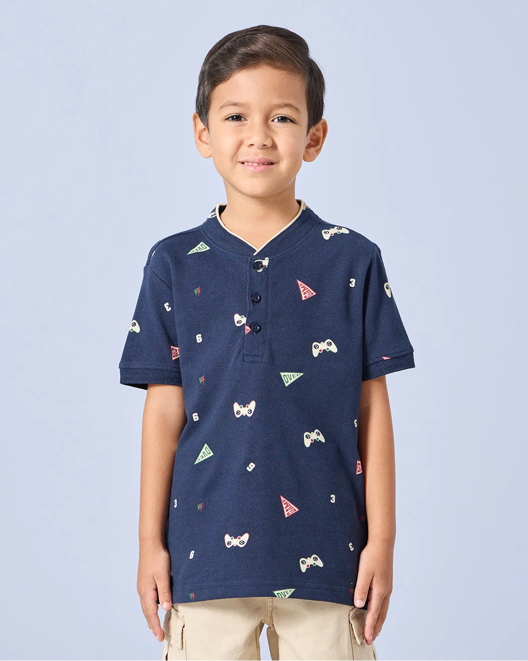 Boys Navy Allover Mandarin Collar Polo sold by Redtag
