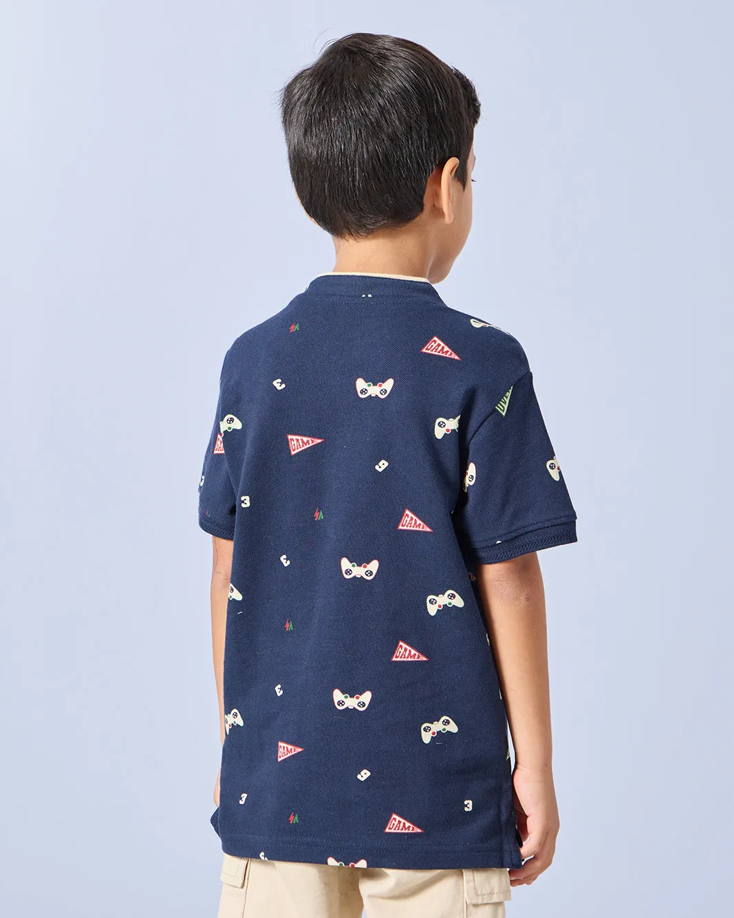 Boys Navy Allover Mandarin Collar Polo sold by Redtag product image thumbnail 3