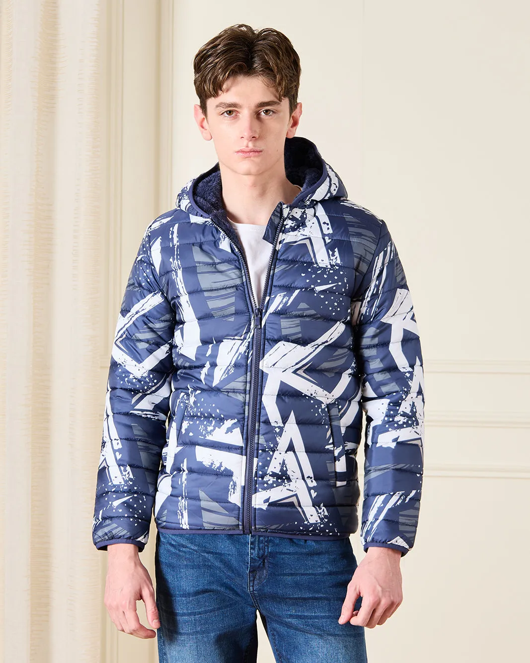 Senior Boys Navy Printed Puffer Jacket sold by Redtag