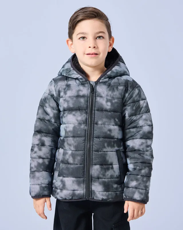 Boys Black Printed Hooded Puffer Jacket sold by Redtag