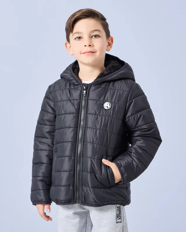 Boys Black Hooded Puffer Sherpa Lined Jacket sold by Redtag