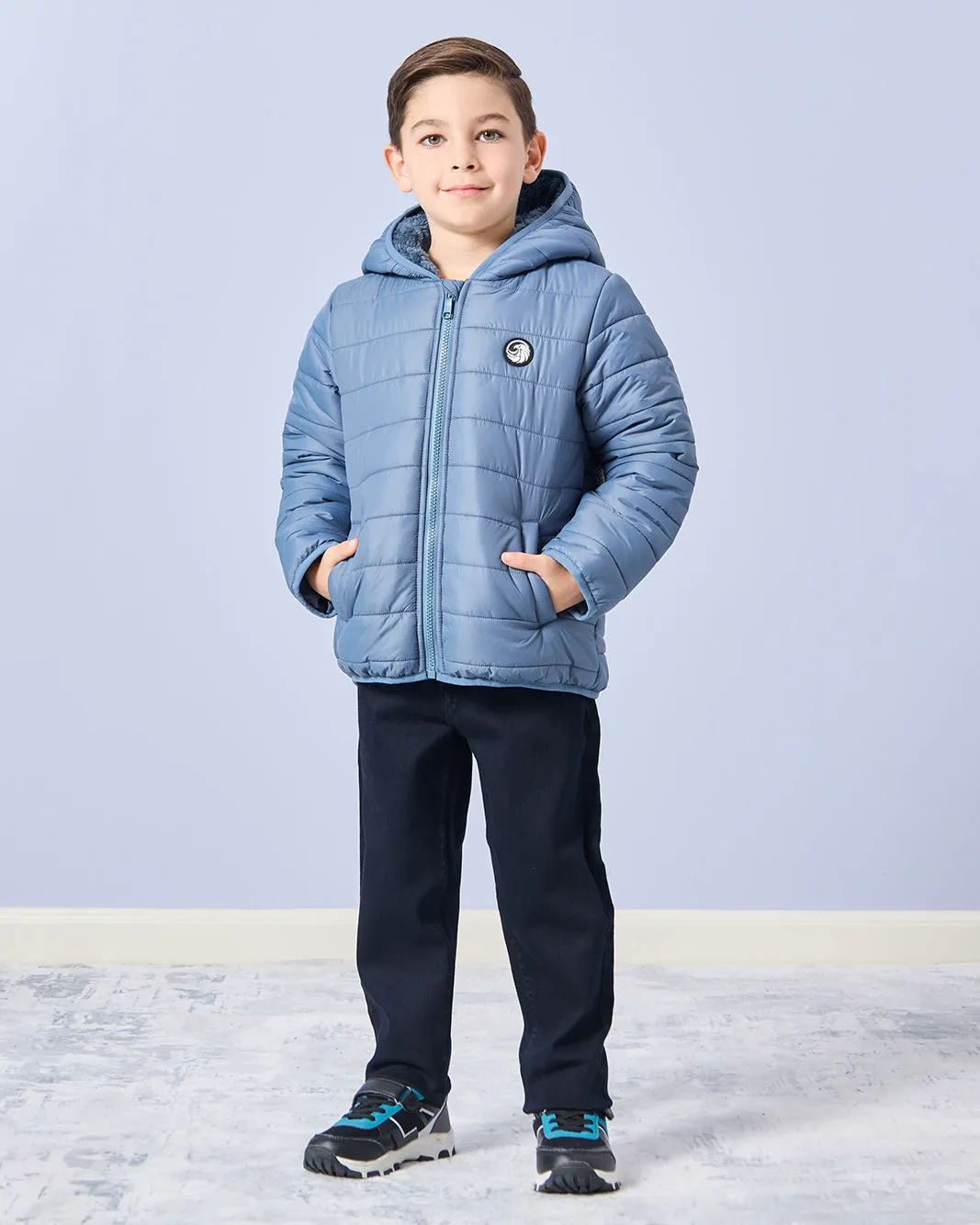 Boys Blue Hooded Puffer Sherpa Jacket sold by Redtag product image thumbnail 2