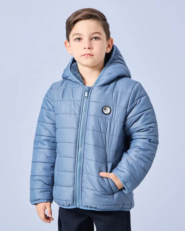 Boys Blue Hooded Puffer Sherpa Jacket sold by Redtag