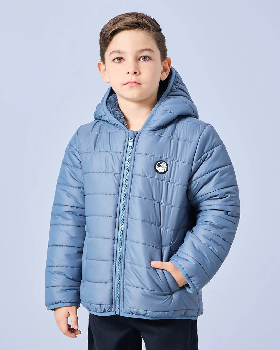 Boys Blue Hooded Puffer Sherpa Jacket sold by Redtag