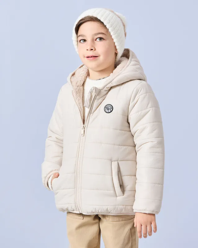 Boys Beige Hooded Puffer Sherpa Lined Jacket sold by Redtag