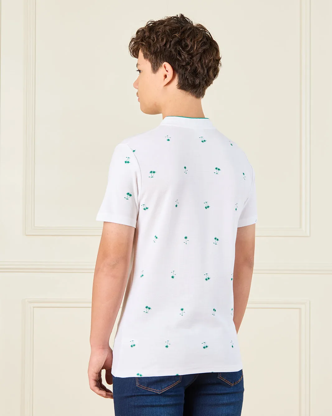 Senior Boys White Printed Mandarin Collar Polo Shirt sold by Redtag product image thumbnail 3