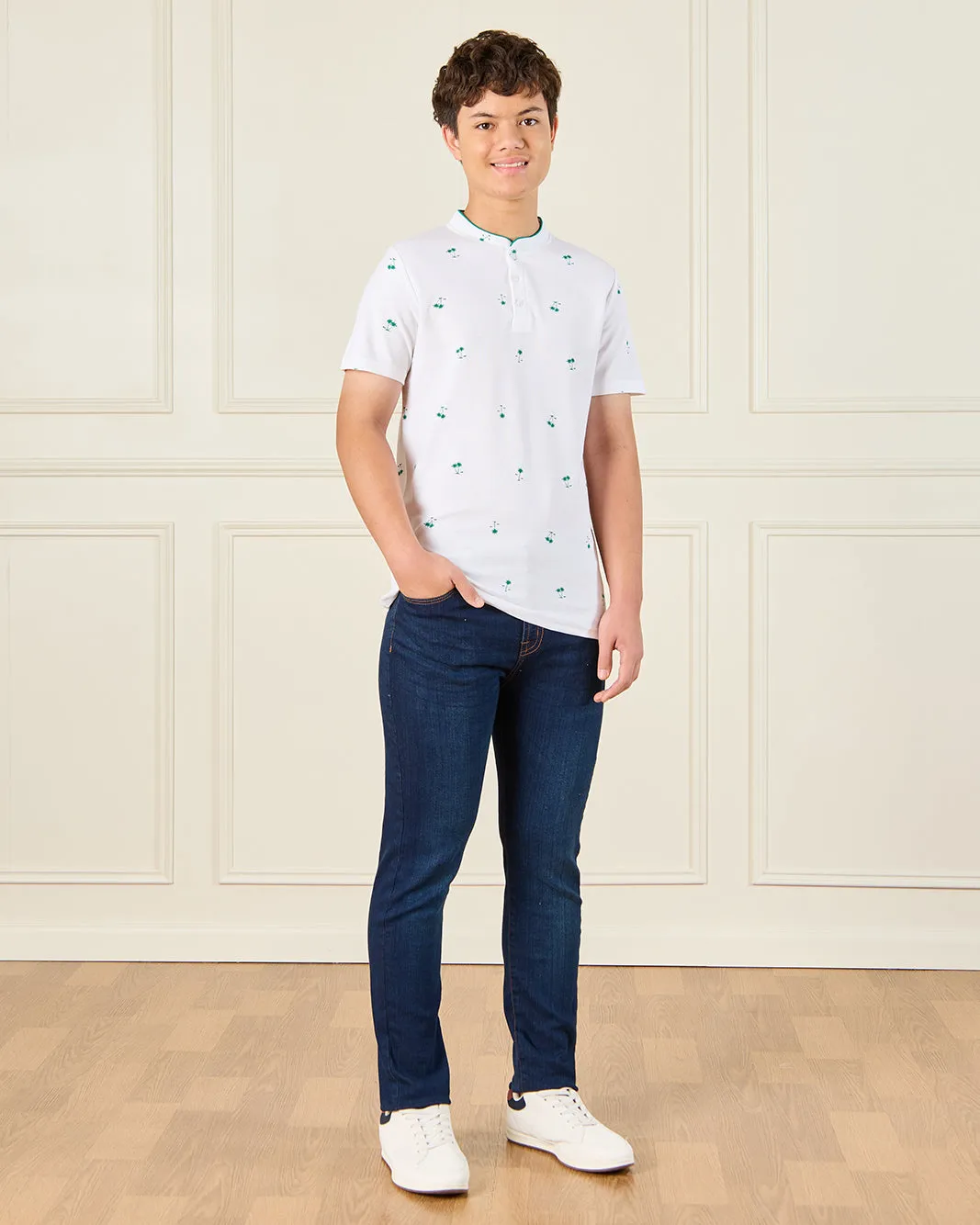 Senior Boys White Printed Mandarin Collar Polo Shirt sold by Redtag product image thumbnail 2