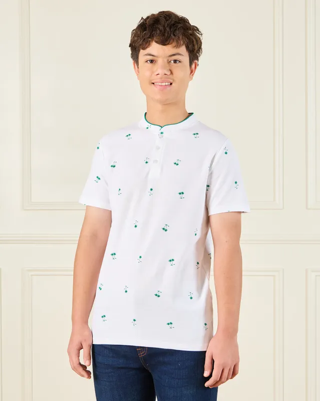 Senior Boys White Printed Mandarin Collar Polo Shirt sold by Redtag