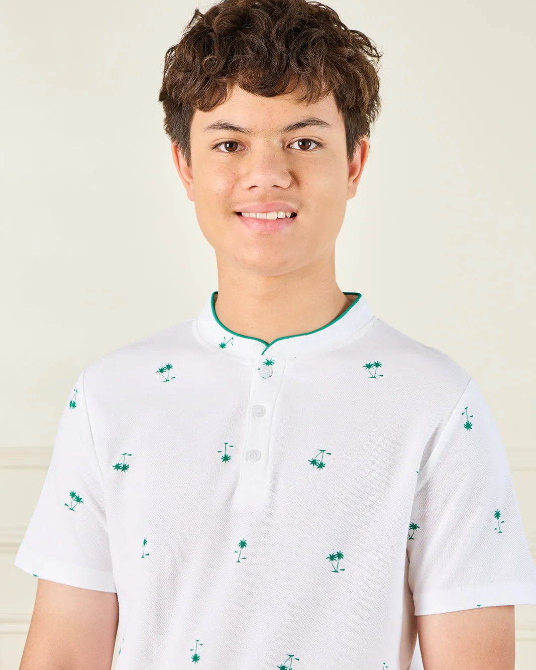 Senior Boys White Printed Mandarin Collar Polo Shirt sold by Redtag product image thumbnail 4