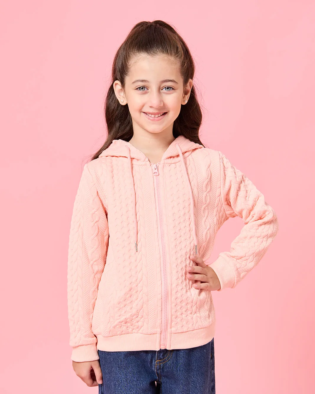 Girls Pink Textured Hooded Sweatshirt sold by Redtag