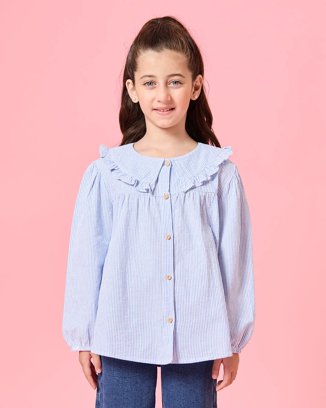 Girls Blue Seersucker Button Front Blouse sold by Redtag