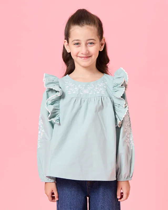 Girls Green Poplin Embroidery Blouse sold by Redtag
