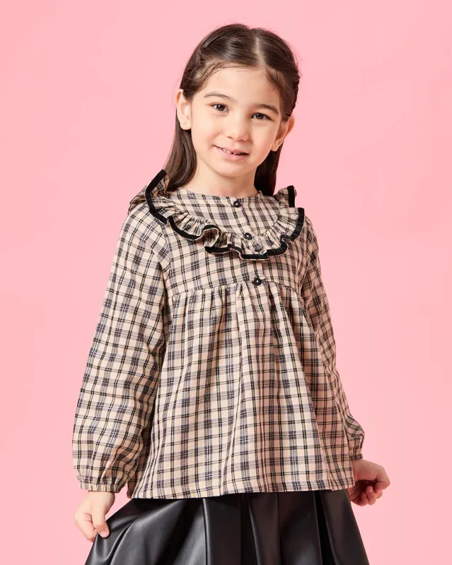 Girls Beige Lurex Checks Blouse With Lace Details sold by Redtag