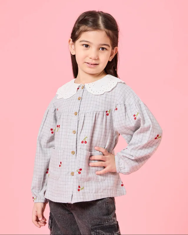 Girls Grey All Over Embroidery Lace Collar Blouse sold by Redtag