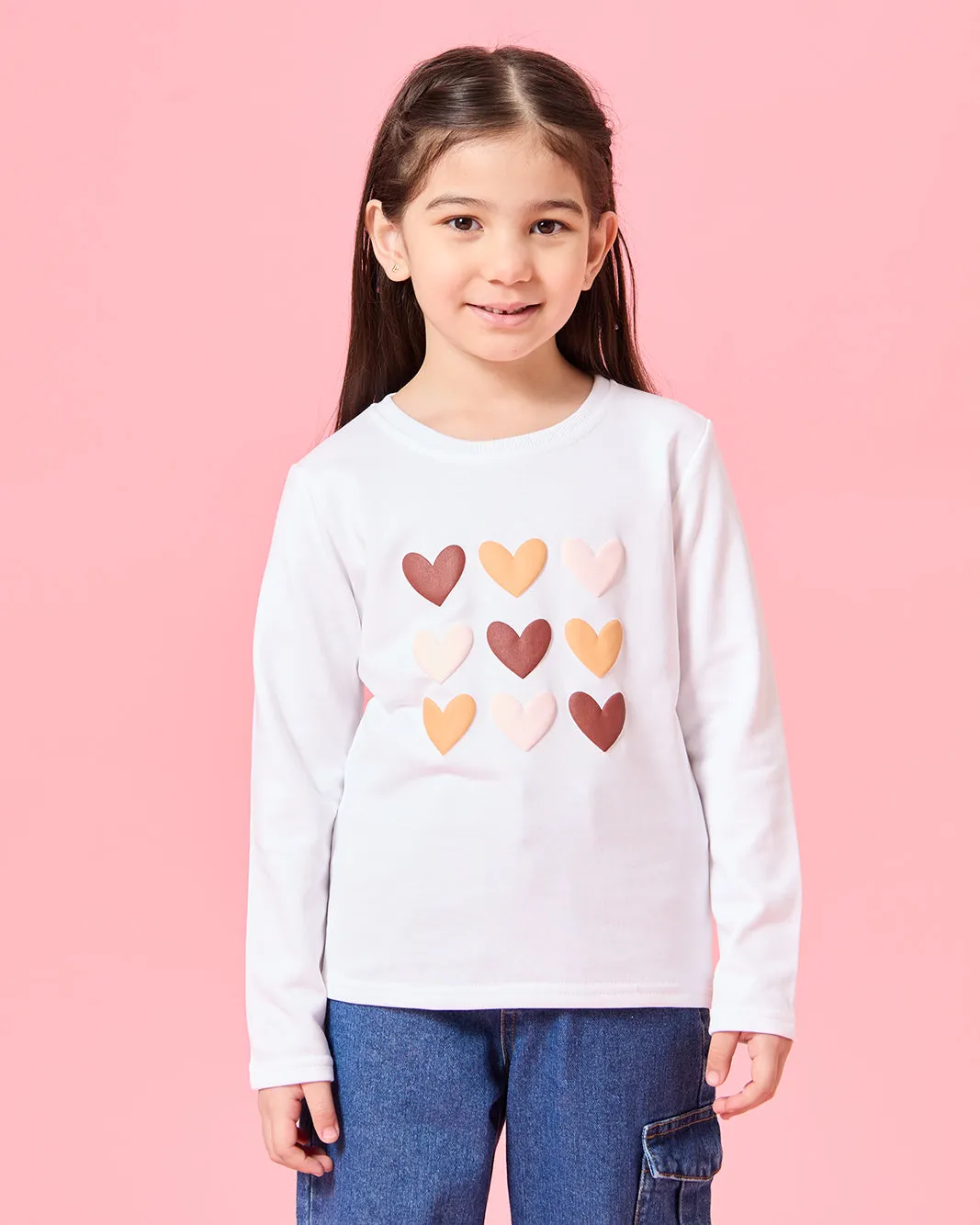 Girls White Hearts Print T-Shirt sold by Redtag