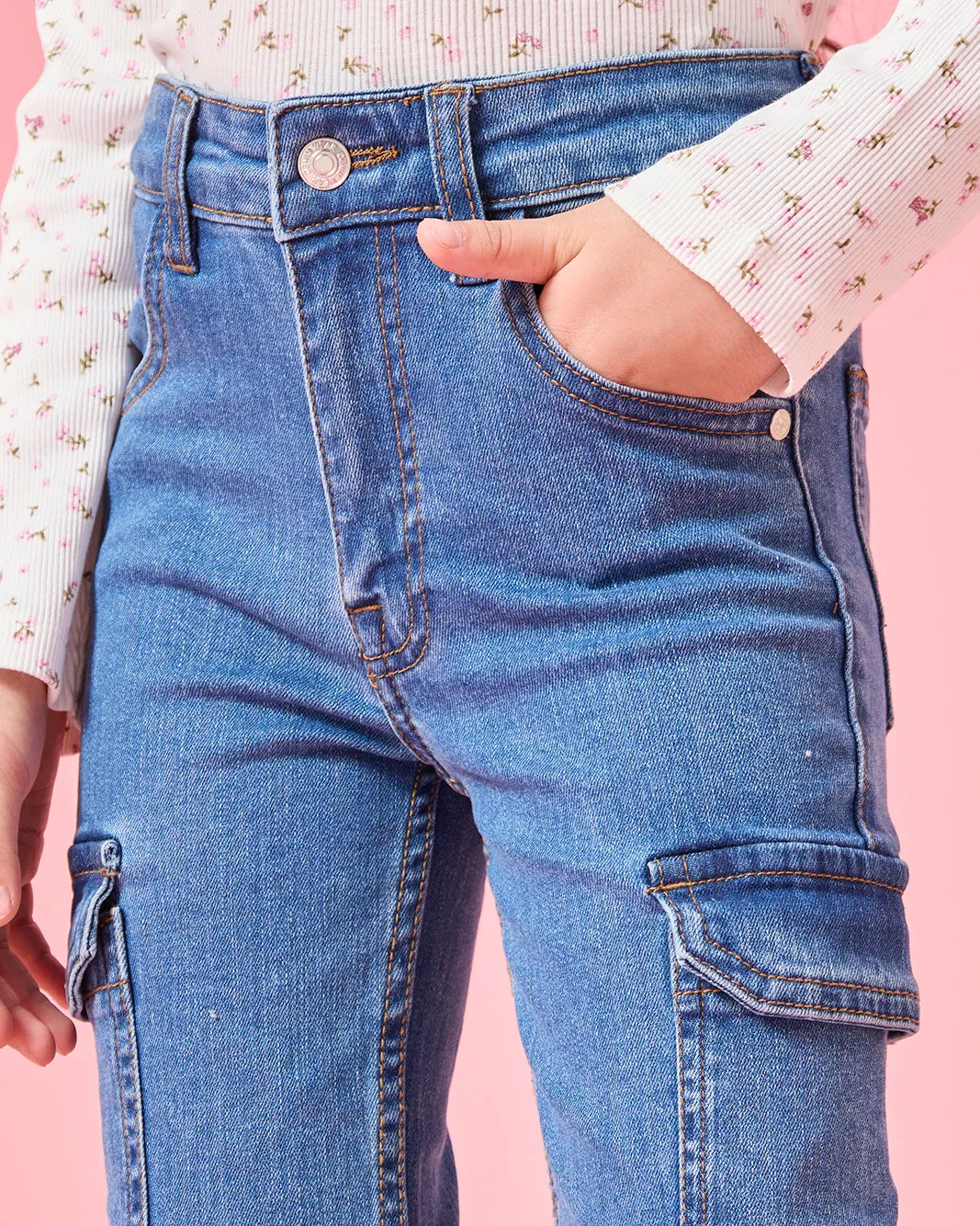 Girls Blue Cargo Pocket Flared Jeans sold by Redtag product image thumbnail 4