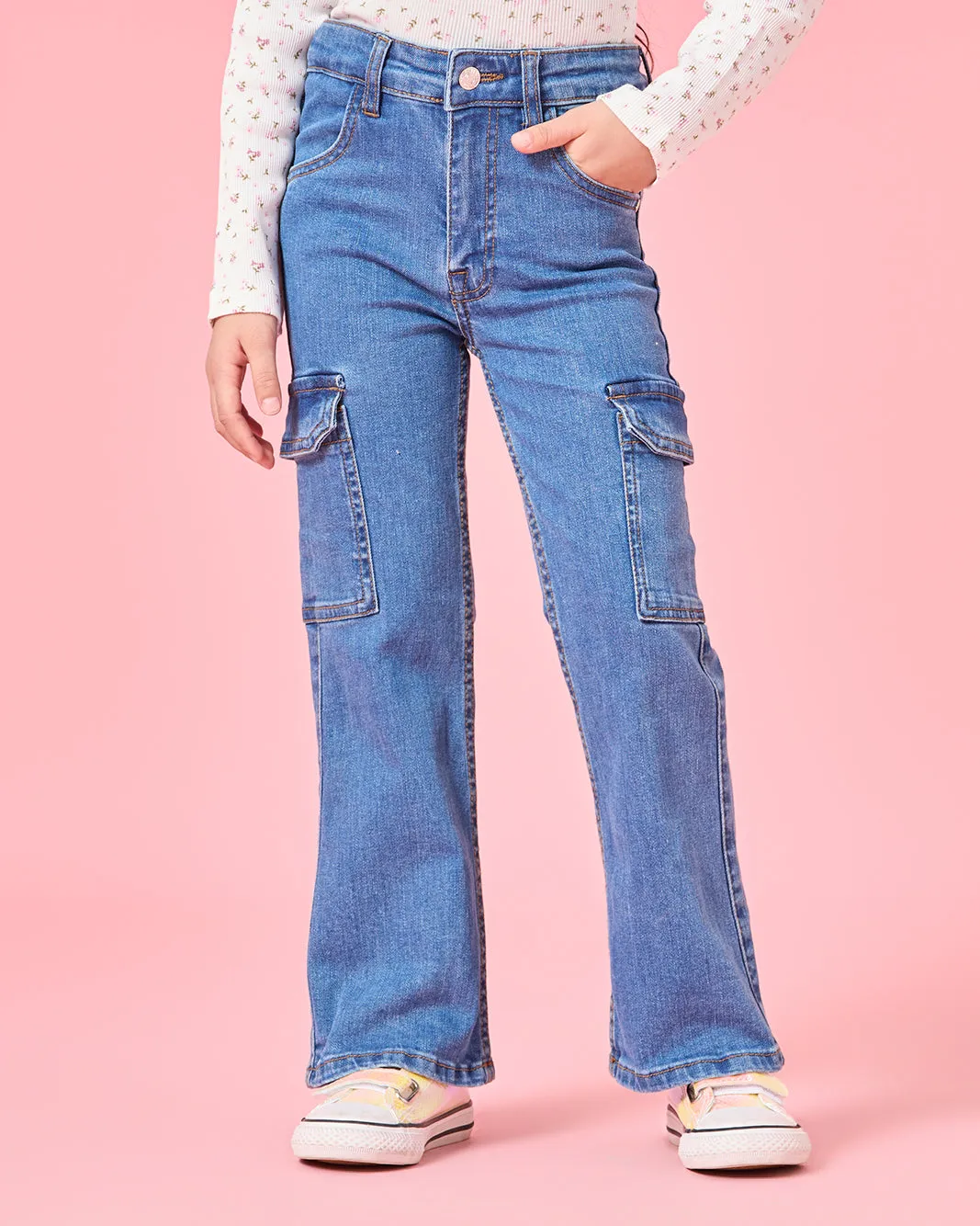 Girls Blue Cargo Pocket Flared Jeans sold by Redtag