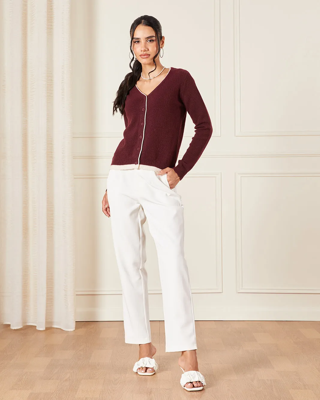 Women Burgundy Knitted Top With Ivory Contrast Piping Detail sold by Redtag product image thumbnail 2