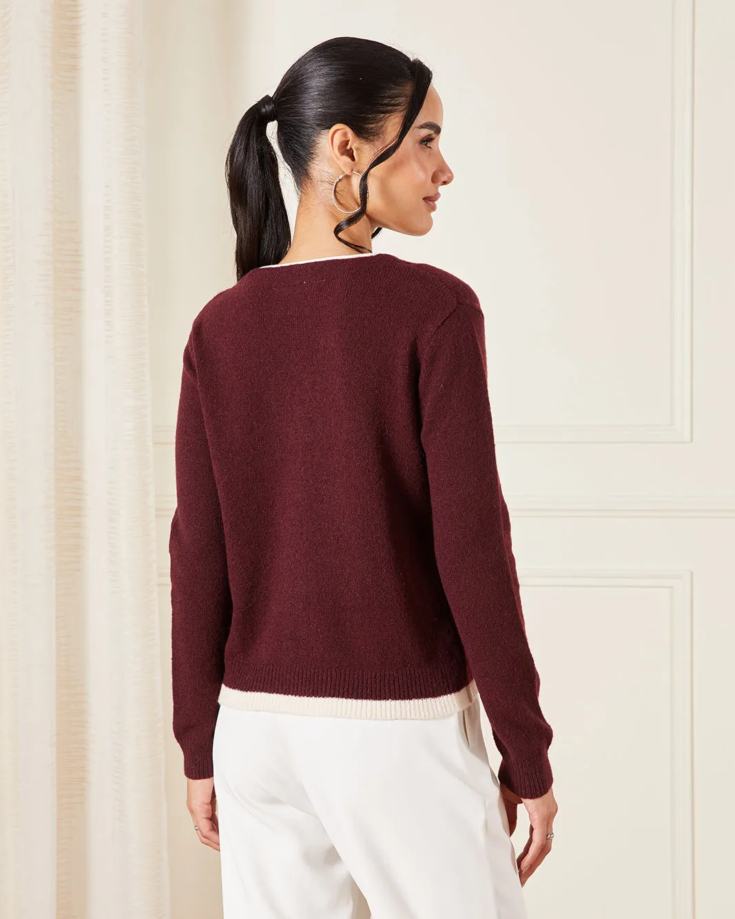 Women Burgundy Knitted Top With Ivory Contrast Piping Detail sold by Redtag product image thumbnail 3
