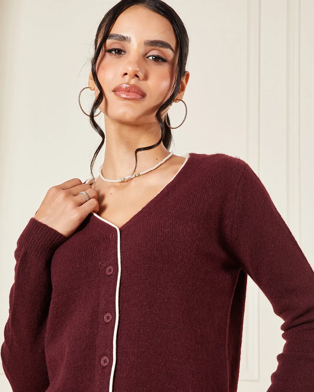 Women Burgundy Knitted Top With Ivory Contrast Piping Detail sold by Redtag product image thumbnail 4