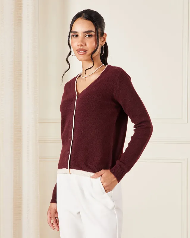 Women Burgundy Knitted Top With Ivory Contrast Piping Detail sold by Redtag