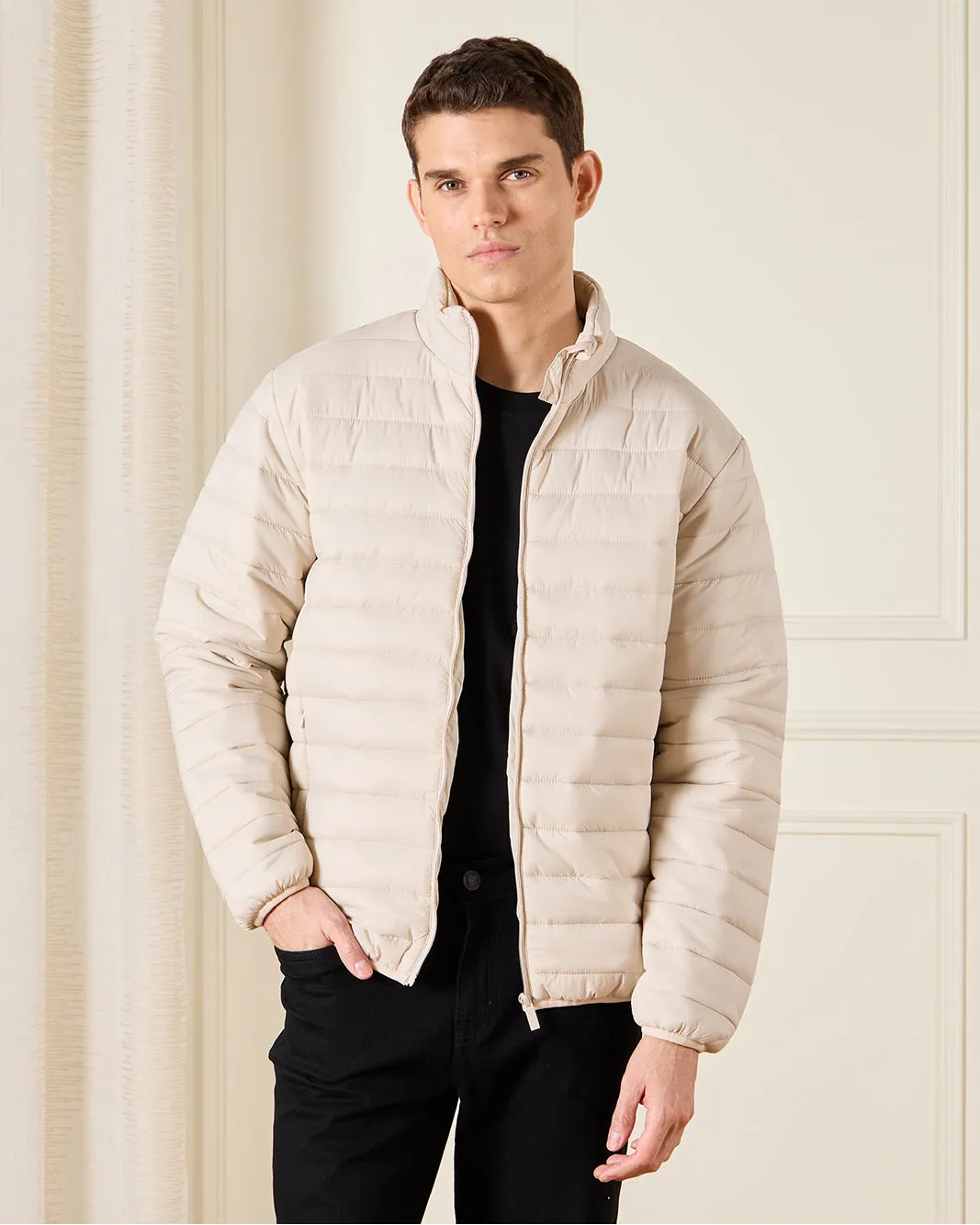 Men Beige Padded Puffer Jacket sold by Redtag