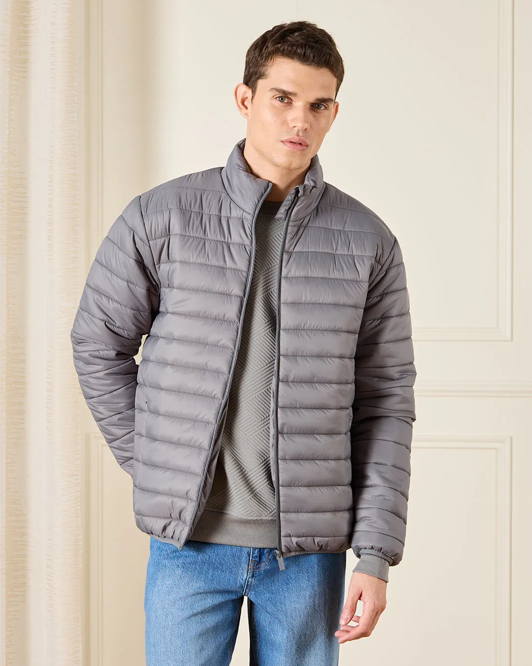 Men Grey Long Sleeve Puffer Jacket sold by Redtag