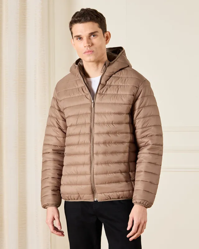 Men Brown Hooded Puffer Jacket sold by Redtag