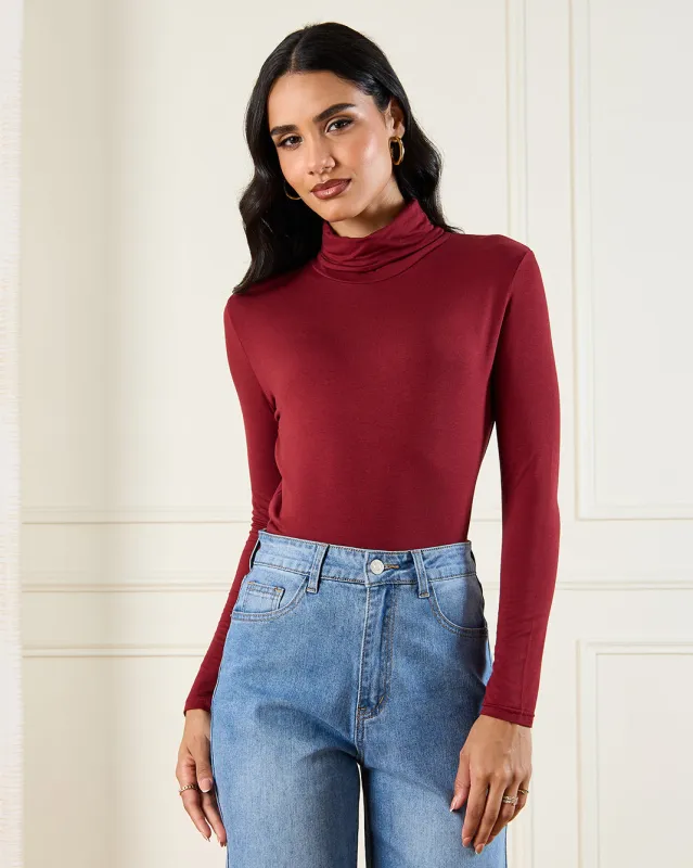 Women Burgundy Turtle Neck Top sold by Redtag