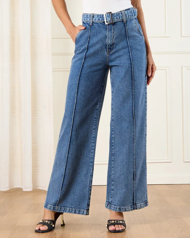 Women Blue Belted Front Seam Wide Leg Jeans sold by Redtag