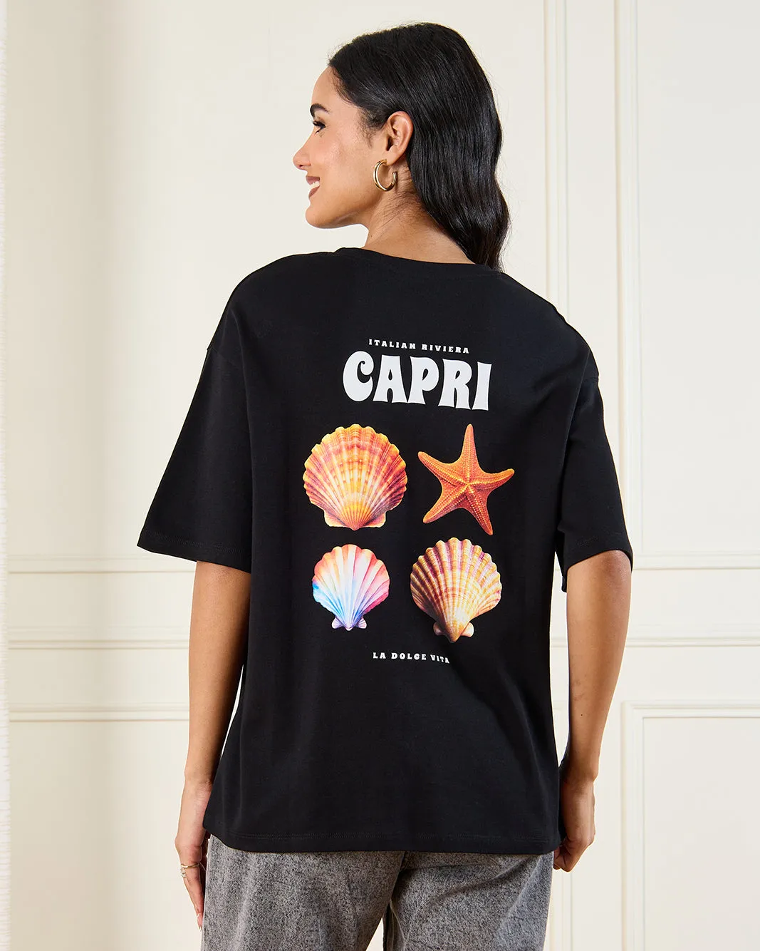 Women Black Printed Oversize T-Shirt sold by Redtag