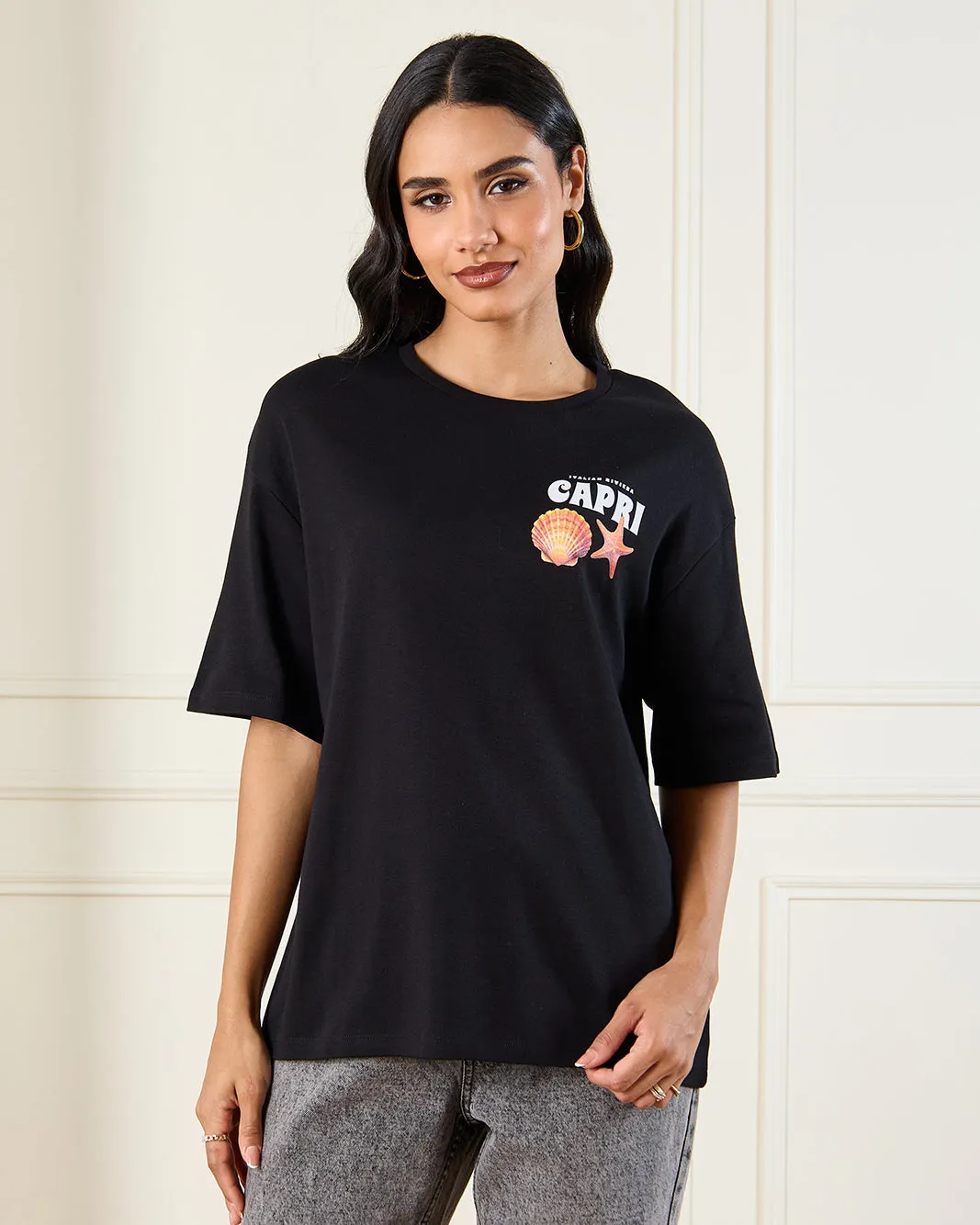 Women Black Printed Oversize T-Shirt sold by Redtag product image thumbnail 3