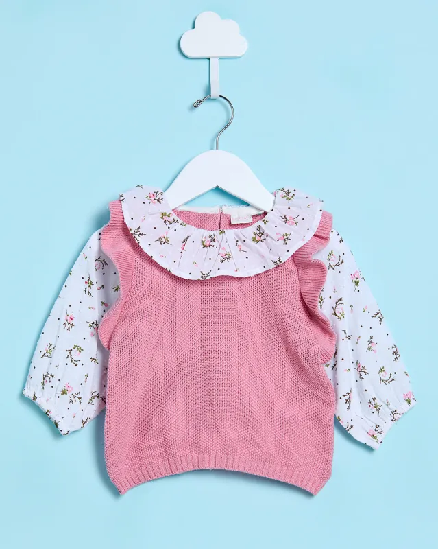 Infant Girls Pink And White Knitted Twofer Pullover sold by Redtag