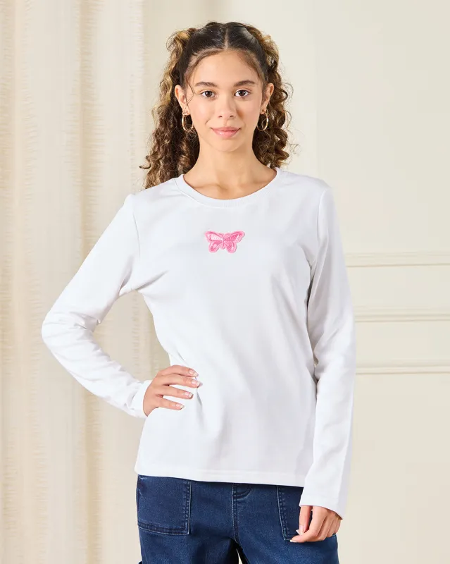 Senior Girls White Butterfly Trim T-Shirt sold by Redtag