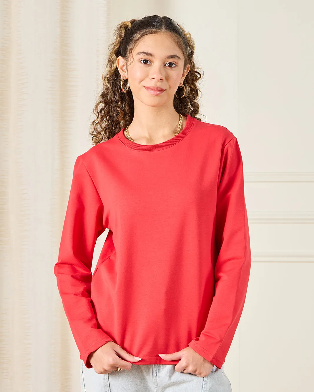 Senior Girls Red Solid T-Shirt sold by Redtag