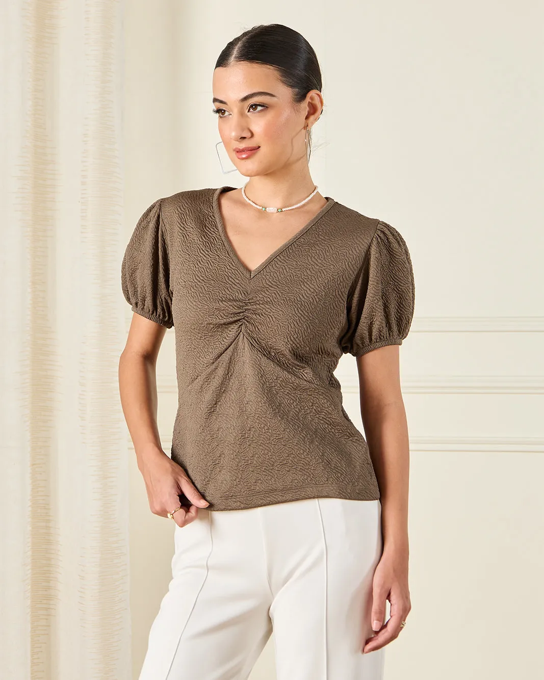 Women Beige Jacquard Top sold by Redtag