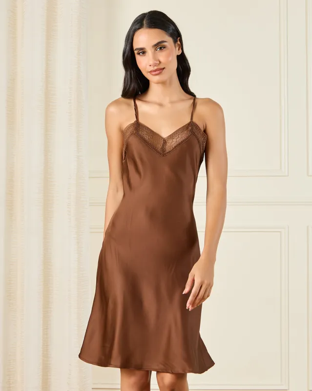 Women Brown Satin Embellished Chemise sold by Redtag