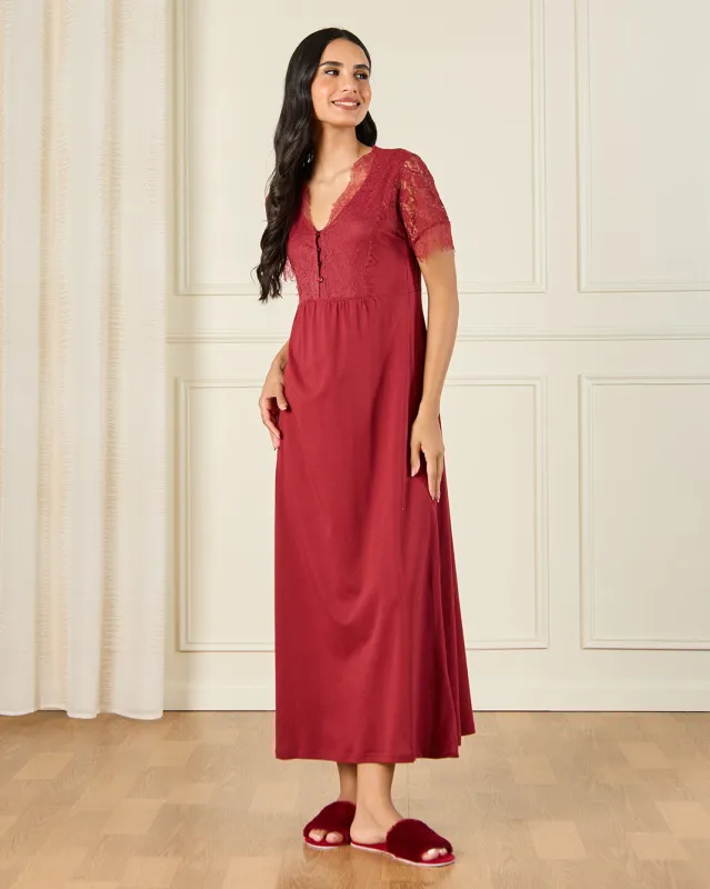 Women Burgundy Lace Embellished Nightgown sold by Redtag