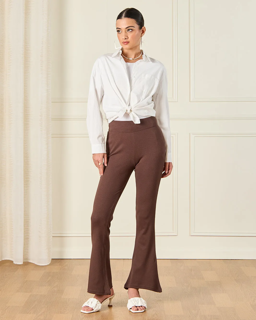 Women Brown Ribbed Flared Leggings sold by Redtag product image thumbnail 2